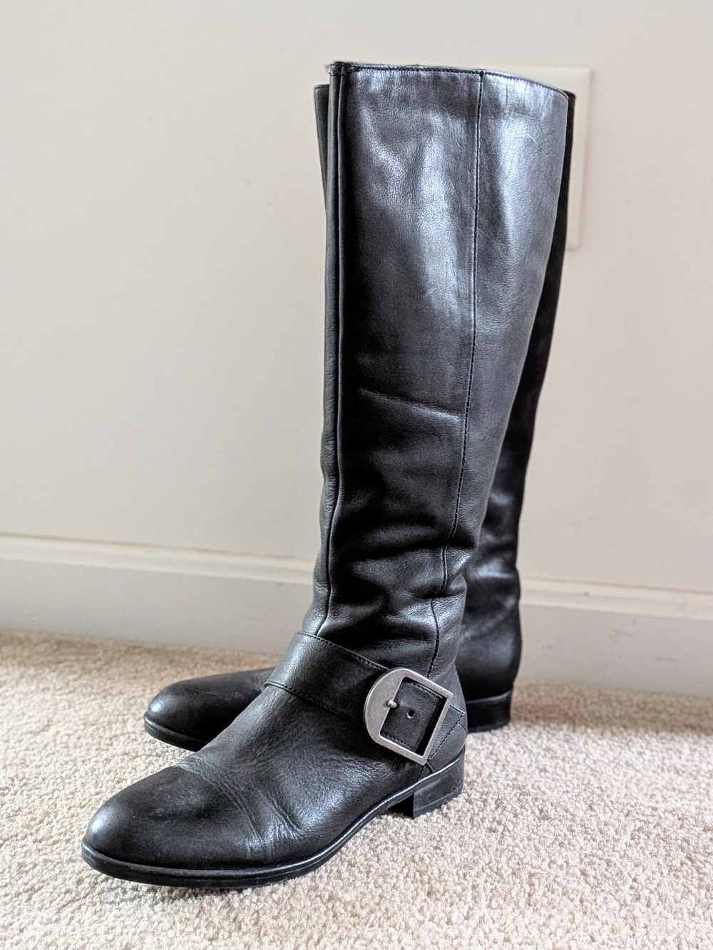 Via Spiga Leather Tall Buckle Boots in Black US 7